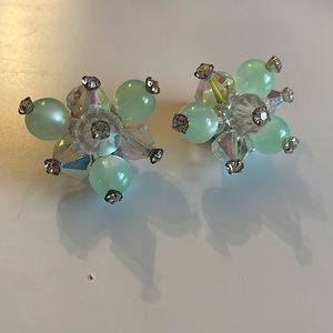 Vintage? Unique Clip on Earrings green iridescent beads diamond rhinestones tip